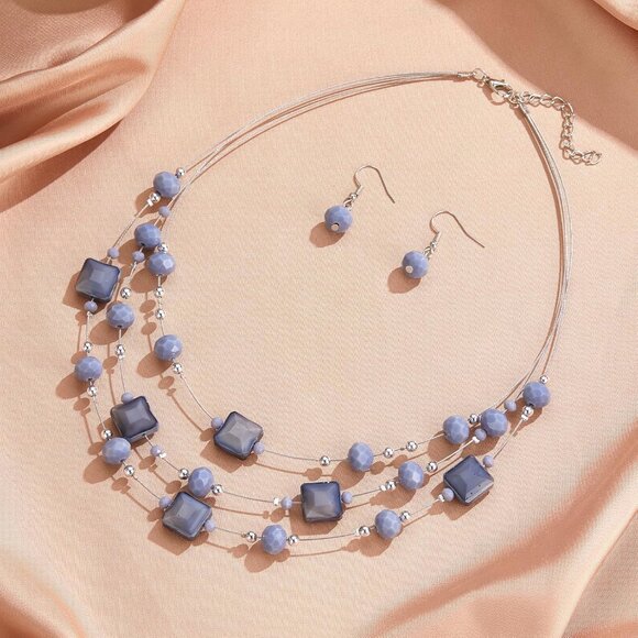 Layered Silver Beaded Necklace for Women Square Crystal Beads Statement Collar N - Picture 2 of 6